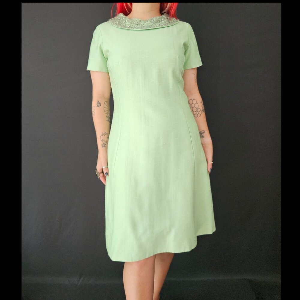 60s Sylvia Ann Mint Green Beaded Collar Shift Dress